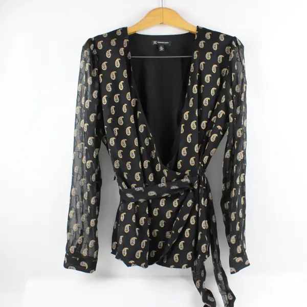 INC International Concepts Women's Large Black Gold Gray Paisley Wrap Blouse