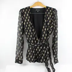 INC International Concepts Women's Large Black Gold Gray Paisley Wrap Blouse