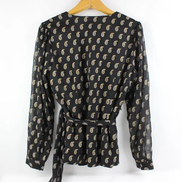 INC International Concepts Women's Large Black Gold Gray Paisley Wrap Blouse