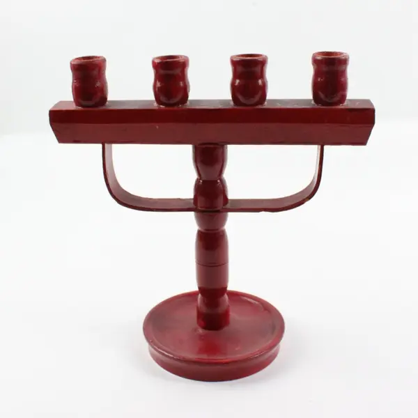 Red Wooden 4-Taper Candle Holder Notched Tabletop Mantel Decor