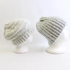Lot of 2 Handmade Adult White Gray Crochet Beanies Warm Winter Hats