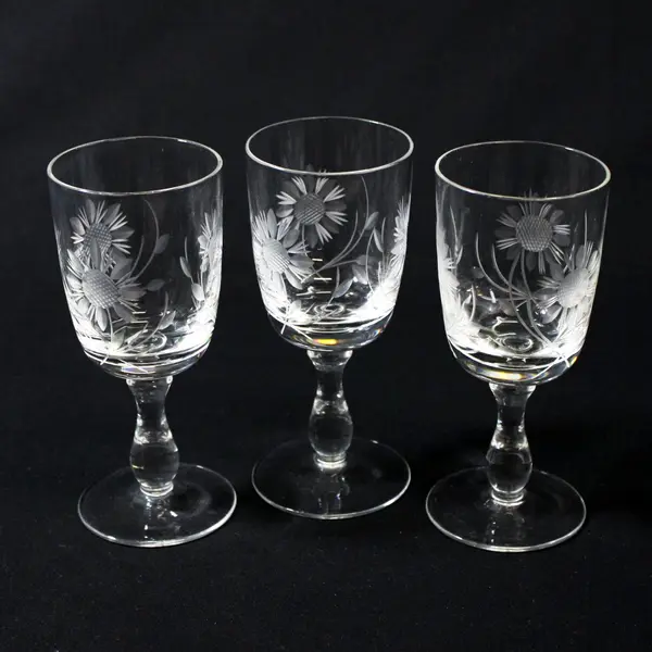 Set of 3 Etched Sunflower Sherry Or Cordials Glasses 4.5"
