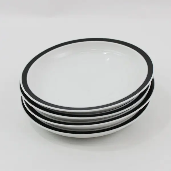 4 Everyday Gibson Salad Plates  White W/ Black Rim 7.5"