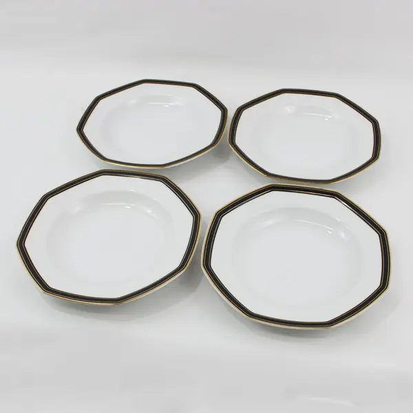 4 Christopher Stuart Black Dress Fine China Large Rimmed Soup Bowls