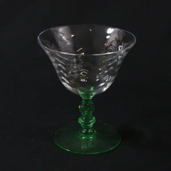 Vintage Uranium Glass Sherbet Glass Clear Textured Bowl Green Bubble Stem