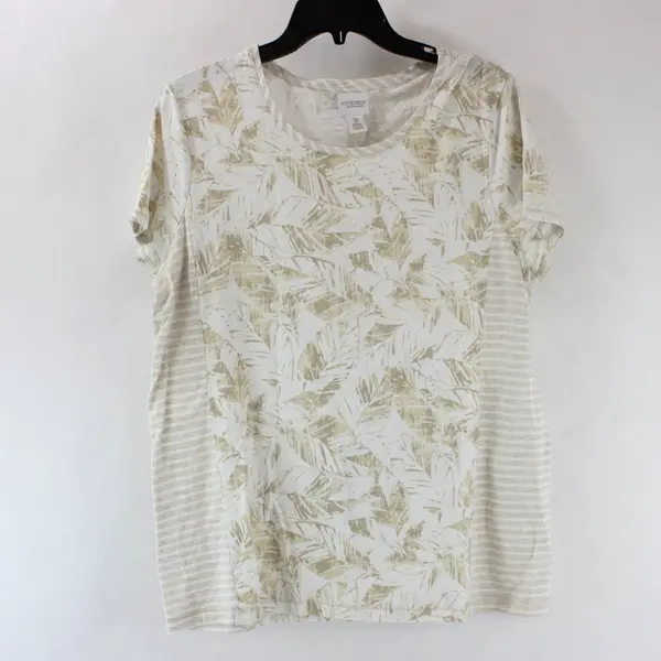 WEEKENDS by Chico's Women's Size 2 White Beige Leaf Stripe Knit Long Sleeve Top