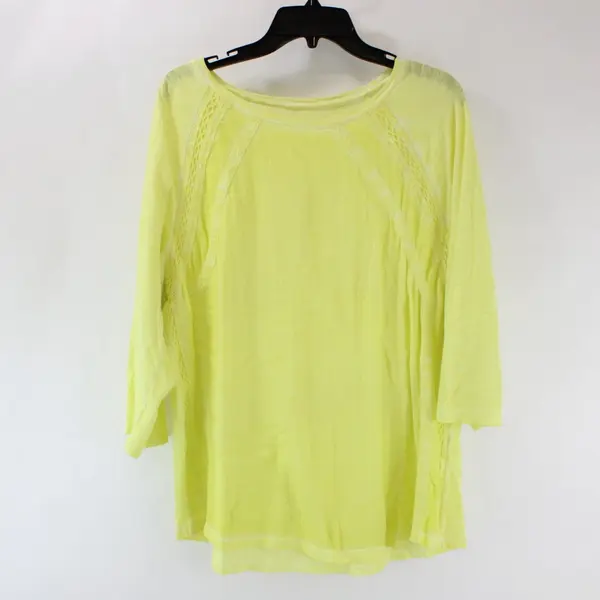 Chico's Women's Neon Yellow 3/4 Sleeve Knit Lace Detail Shirt Estimated Size M