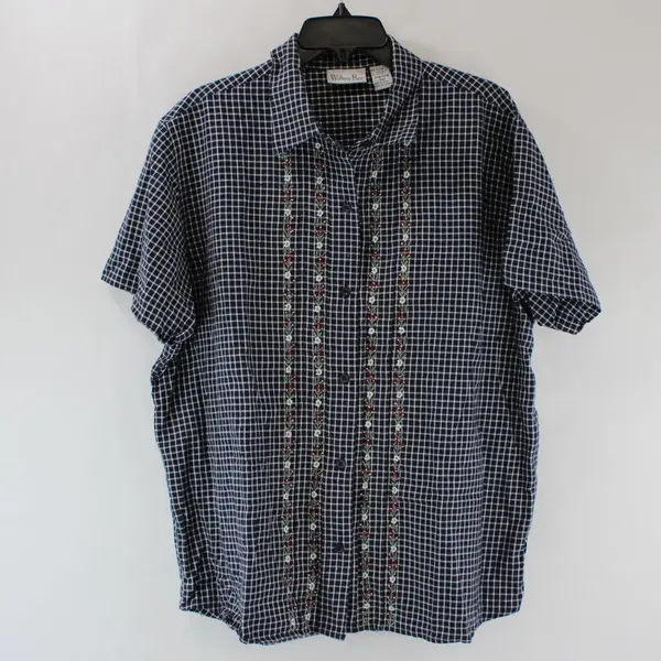 Willow Bay Women's Plaid Navy White Button Down Shirt Embroidered Florals 1X