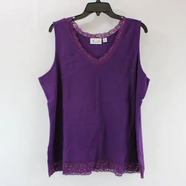 D&Co. Essentials Women's 2X Purple Ribbed Lace Trim Tank Top
