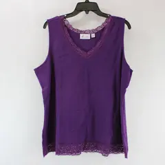D&Co. Essentials Women's 2X Purple Ribbed Lace Trim Tank Top