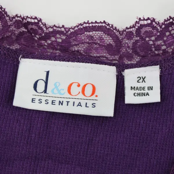 D&Co. Essentials Women's 2X Purple Ribbed Lace Trim Tank Top