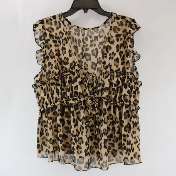 SHEIN Women's 0XL Cheetah Print Sheer Babydoll Tie-Front Top
