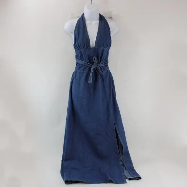 SHEIN Women's 2XL Blue Denim V-Neck Maxi Halter Dress Sleeveless Slit