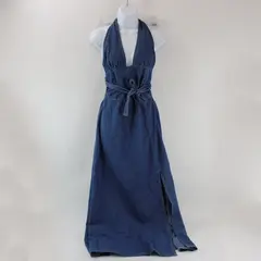 SHEIN Women's 2XL Blue Denim V-Neck Maxi Halter Dress Sleeveless Slit