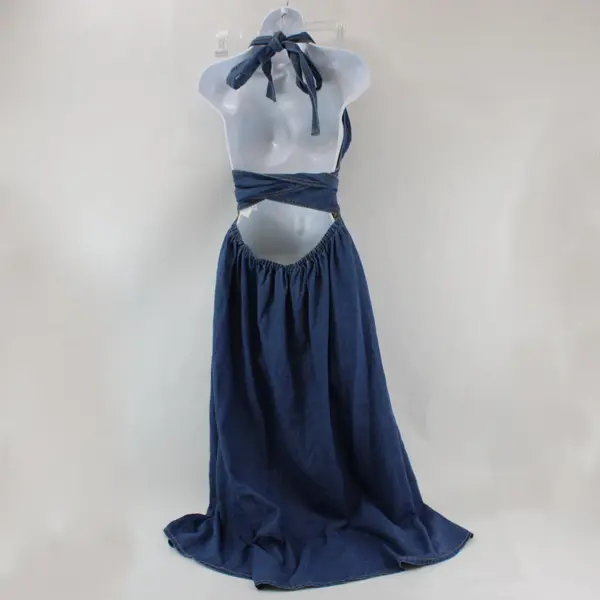 SHEIN Women's 2XL Blue Denim V-Neck Maxi Halter Dress Sleeveless Slit