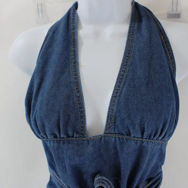 SHEIN Women's 2XL Blue Denim V-Neck Maxi Halter Dress Sleeveless Slit