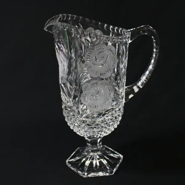 Vintage Lead Crystal Etched Rose Footed Pitcher 10.5 Inch