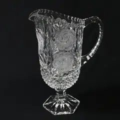 Vintage Lead Crystal Etched Rose Footed Pitcher 10.5 Inch