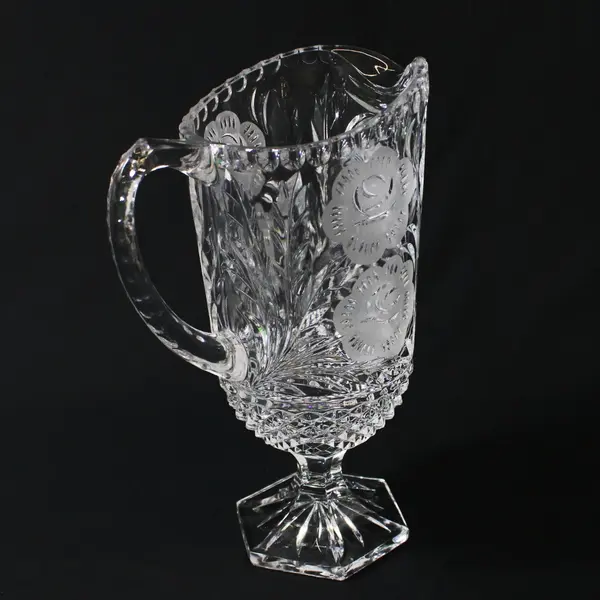 Vintage Lead Crystal Etched Rose Footed Pitcher 10.5 Inch