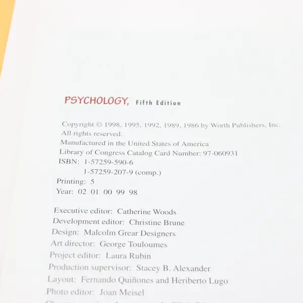 Psychology by David G. Myers 5th Edition Hardcover 1998 ISBN 1572595906