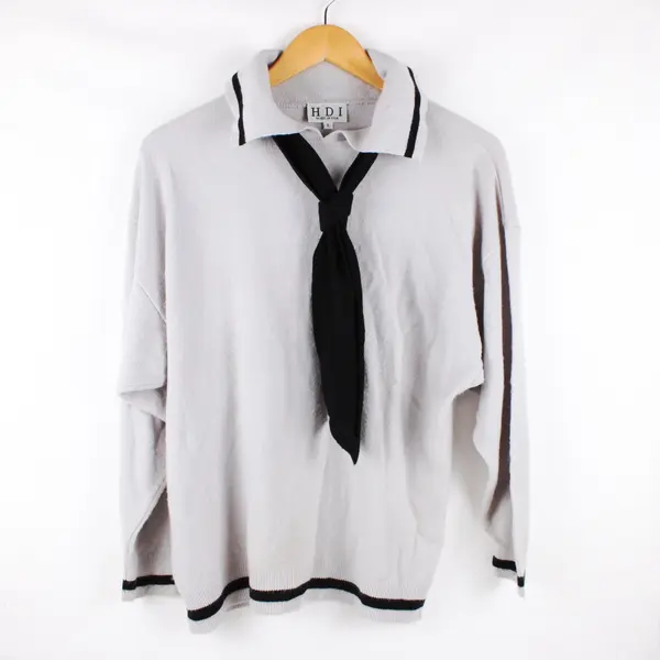 HDI Women's Grey Knit Collared Sweater Black Tie Scarf Size L