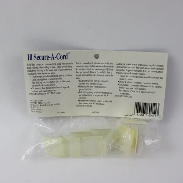 1995 Adams Party Lighters Secure-A-Cord 10-Piece Hook Set #60011-3