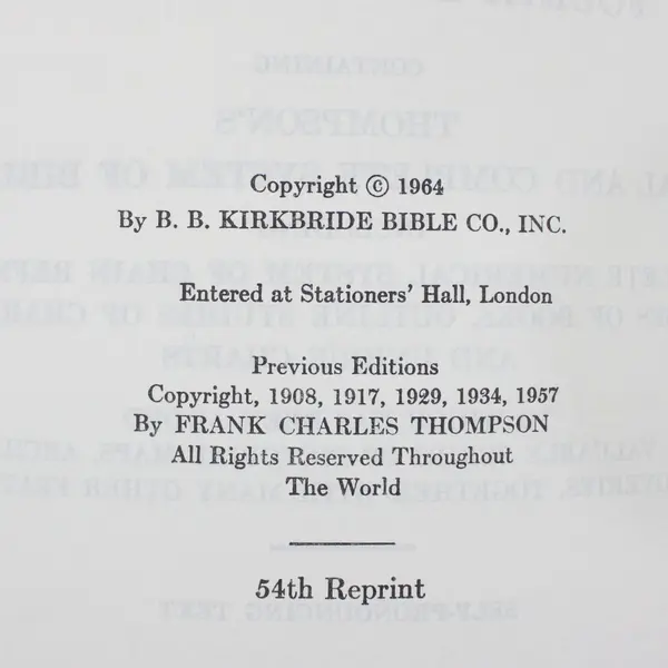 The New Chain-Reference Bible 4th Improved Ed 54th Reprint 1964 Frank Thompson