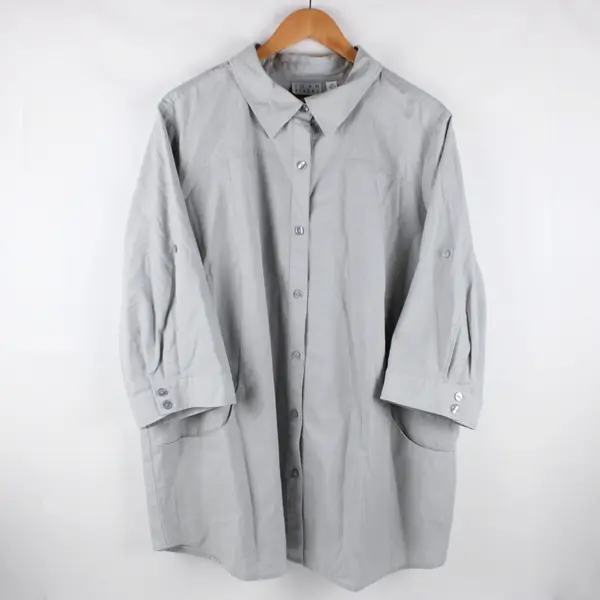 Joan Rivers Women's Gray 3/4 Sleeve Collared Button-Up Shirt 2X