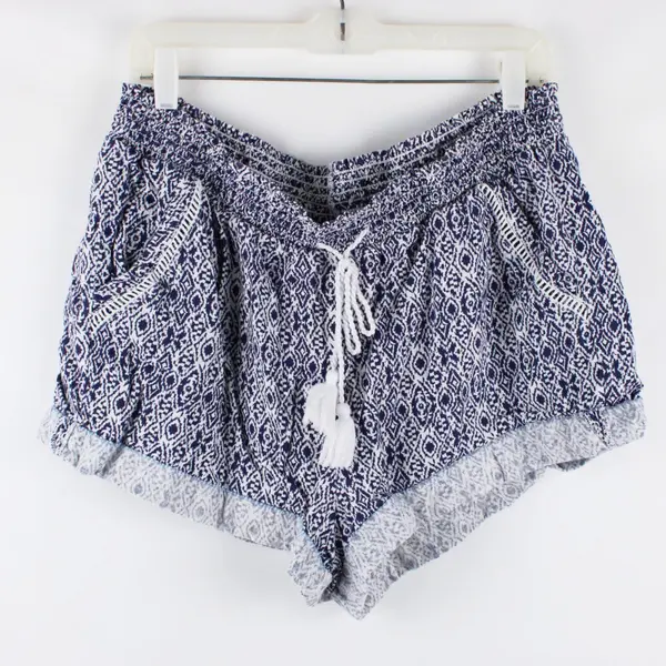 Briggs Linen Blend Women's Boho Shorts Blue White Tassel Drawstring XL