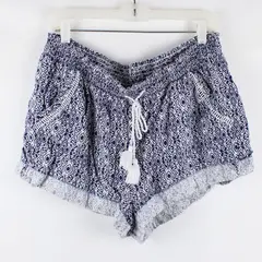 Briggs Linen Blend Women's Boho Shorts Blue White Tassel Drawstring XL