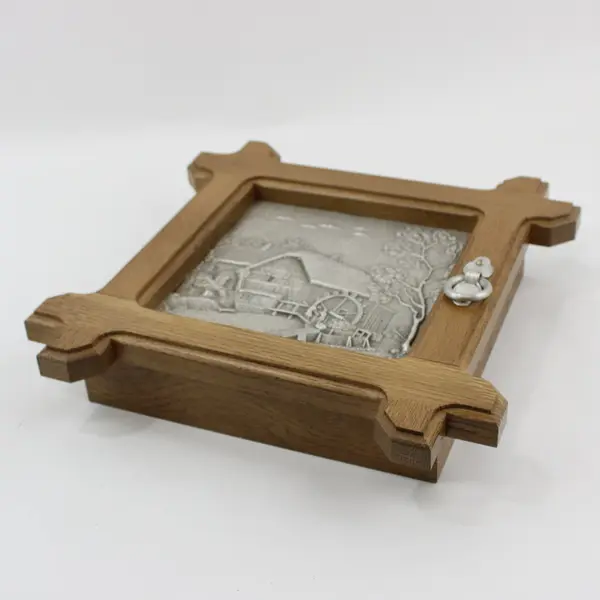 German Frieling Zinn Handcrafted  Oak Key Cabinet Pewter Barn Scene Wall Mounted