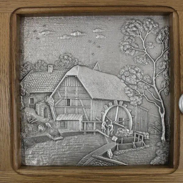 German Frieling Zinn Handcrafted  Oak Key Cabinet Pewter Barn Scene Wall Mounted