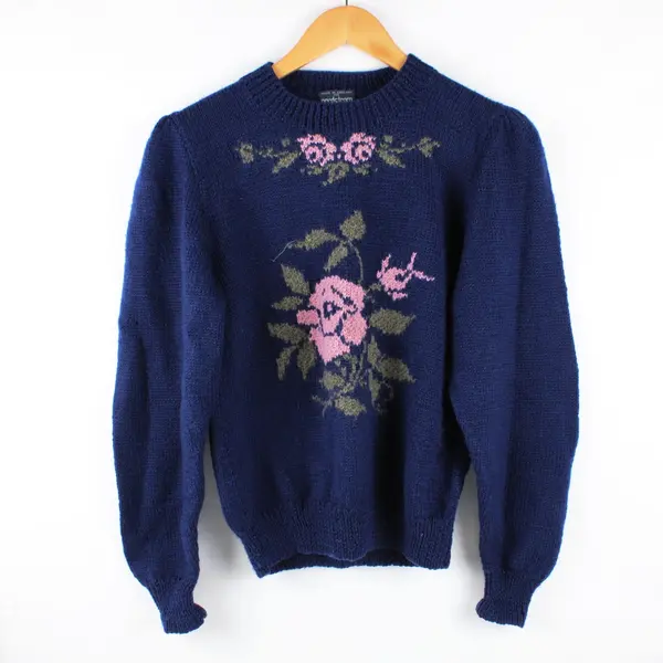 Nordstrom Women's Large Navy Blue Wool Sweater Pink Rose Motif FLAWED