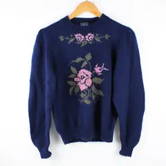 Nordstrom Women's Large Navy Blue Wool Sweater Pink Rose Motif FLAWED