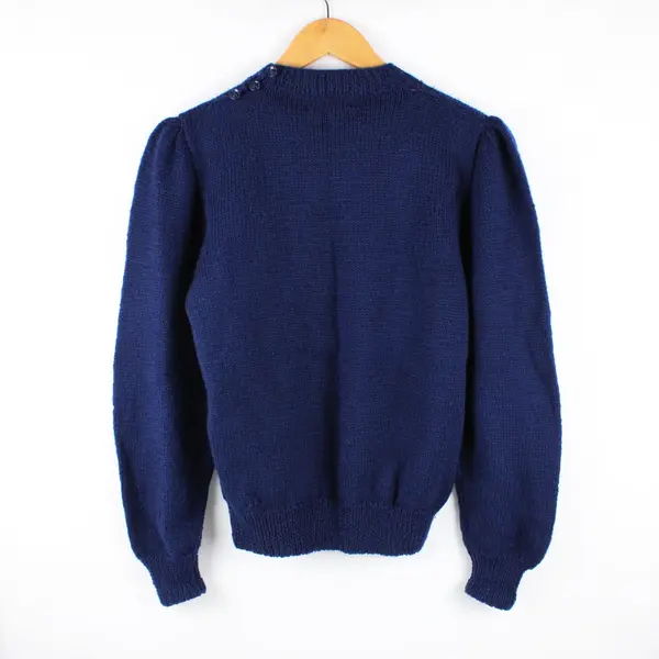 Nordstrom Women's Large Navy Blue Wool Sweater Pink Rose Motif FLAWED