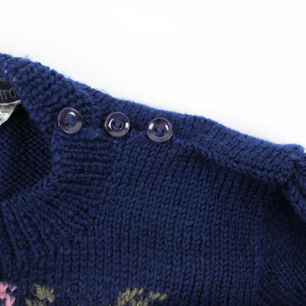 Nordstrom Women's Large Navy Blue Wool Sweater Pink Rose Motif FLAWED