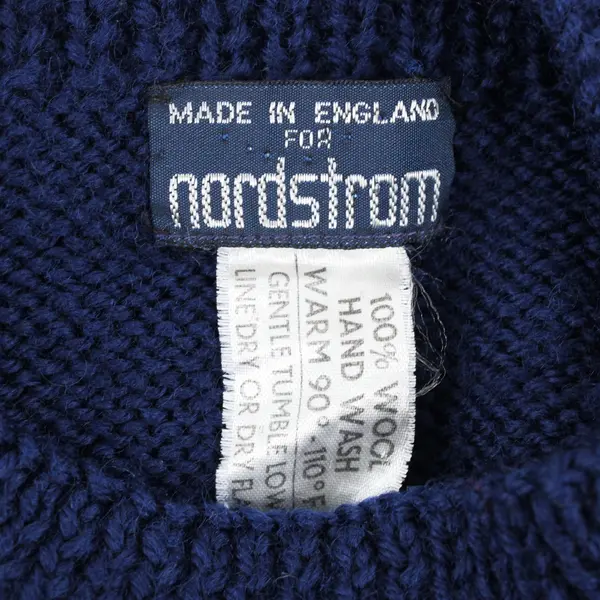 Nordstrom Women's Large Navy Blue Wool Sweater Pink Rose Motif FLAWED