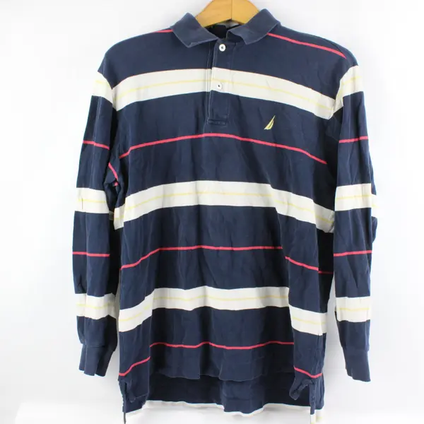 Nautica Men's Medium Navy Blue Cream Striped Long Sleeve Polo Shirt