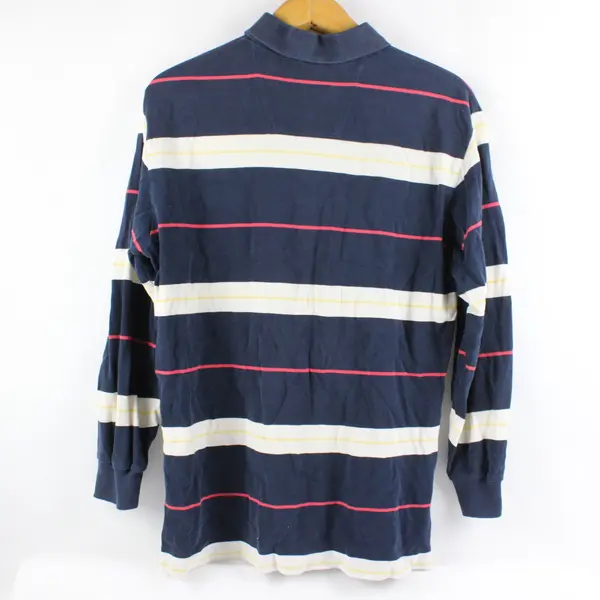 Nautica Men's Medium Navy Blue Cream Striped Long Sleeve Polo Shirt
