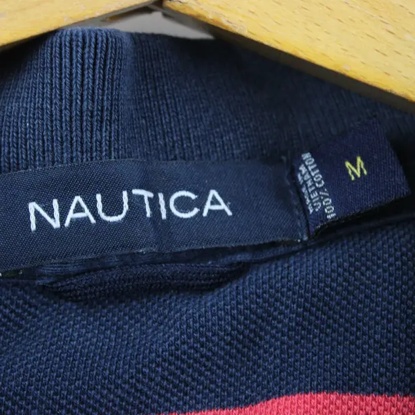 Nautica Men's Medium Navy Blue Cream Striped Long Sleeve Polo Shirt
