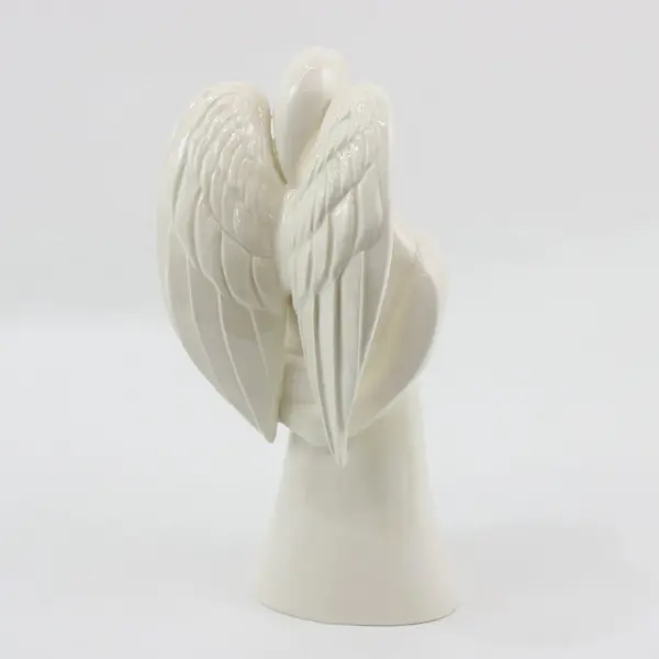 Glazed White Ceramic Angel Figurine With Cupped Hands Signed & Dated