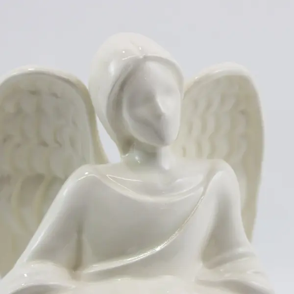 Glazed White Ceramic Angel Figurine With Cupped Hands Signed & Dated