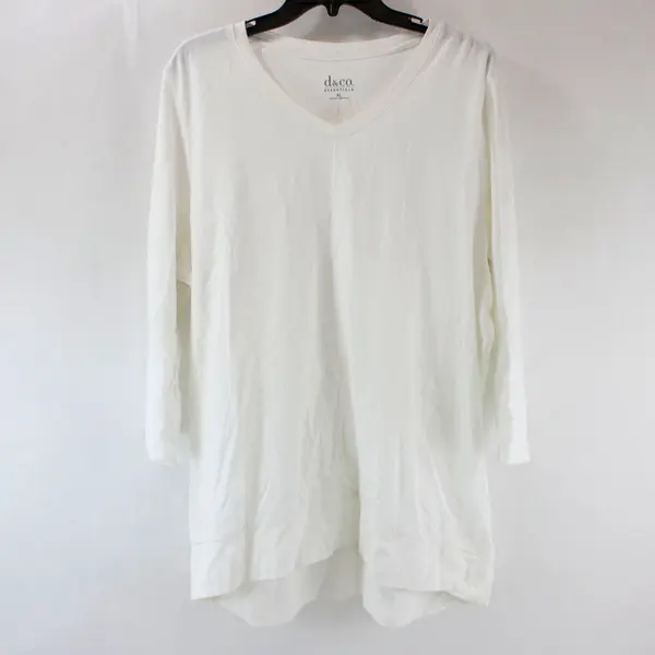 D&Co Women's White V-Neck Long Sleeve Shirt XL Rounded Hem