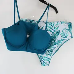Women's Teal and White Palm Leaf Print 2-Piece Swimsuit Size XL