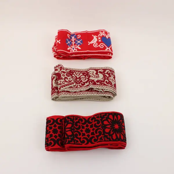 Lot of 3 Folk Style Embroidered Red Ribbon Trim 2+ Yds Each
