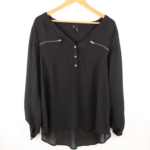 Maurices Women's XL Sheer Black Roll-Tab Sleeve Blouse Gold Hardware