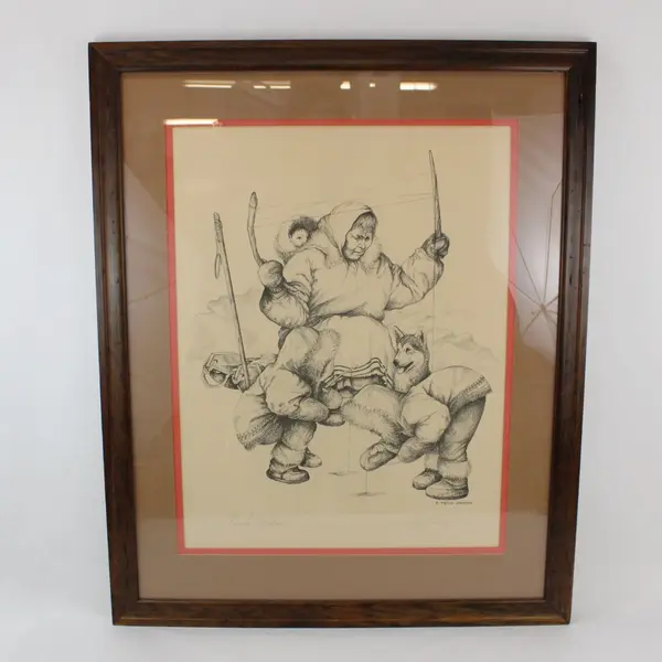 1976 Doug Lindstrand Signed Framed Inuit Skiing Winter Scene Print