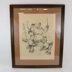 1976 Doug Lindstrand Signed Framed Inuit Skiing Winter Scene Print