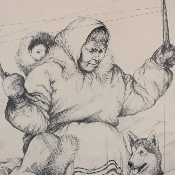 1976 Doug Lindstrand Signed Framed Inuit Skiing Winter Scene Print