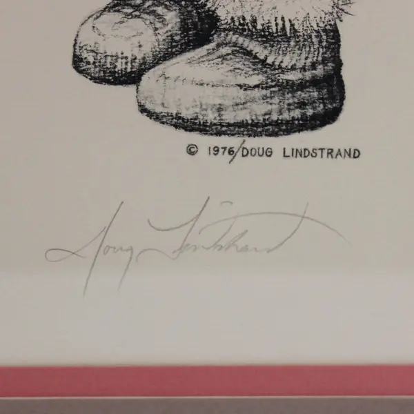 1976 Doug Lindstrand Signed Framed Inuit Skiing Winter Scene Print